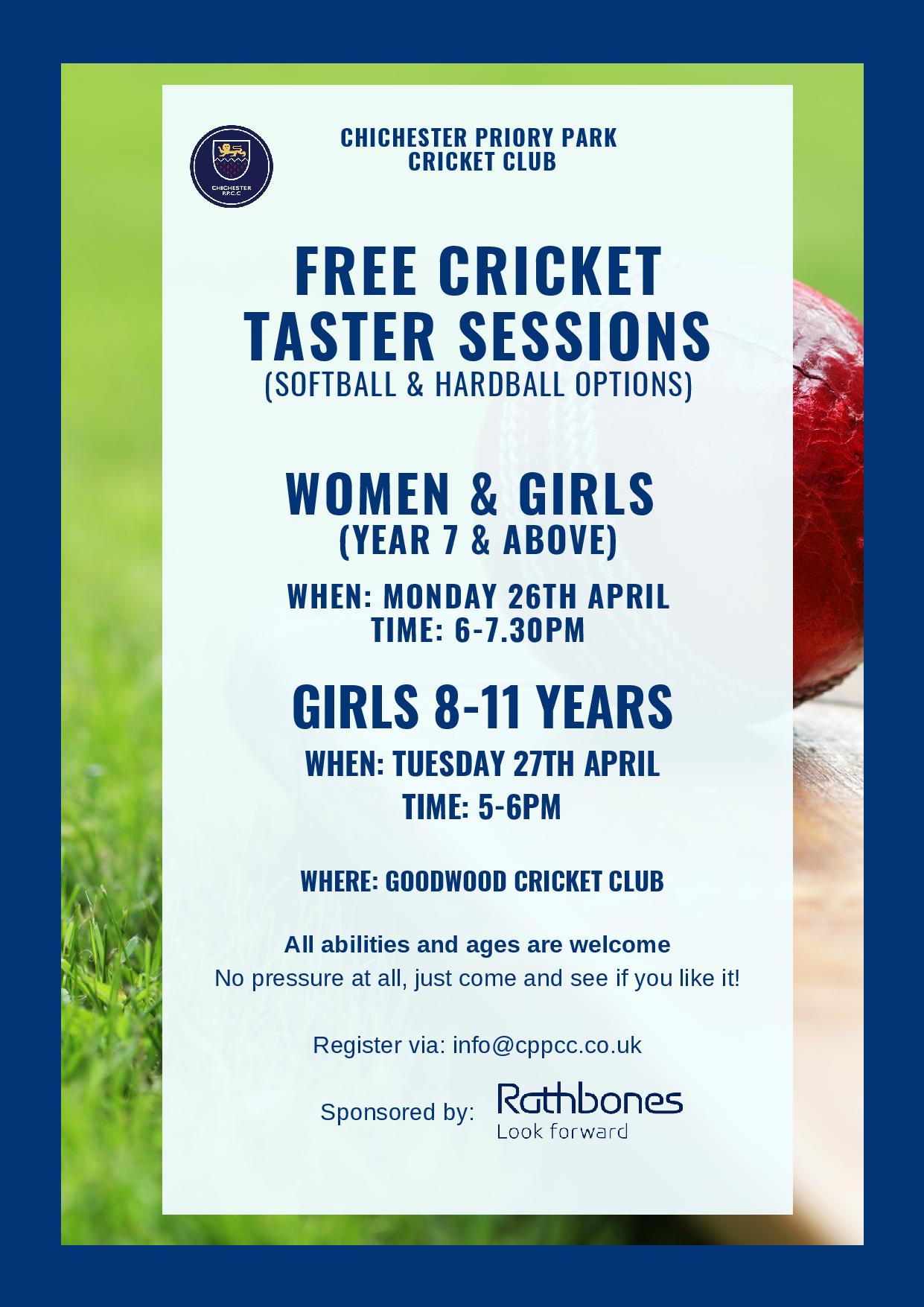 Free Cricket Taster Sessions For Women & Girls Yr 7+